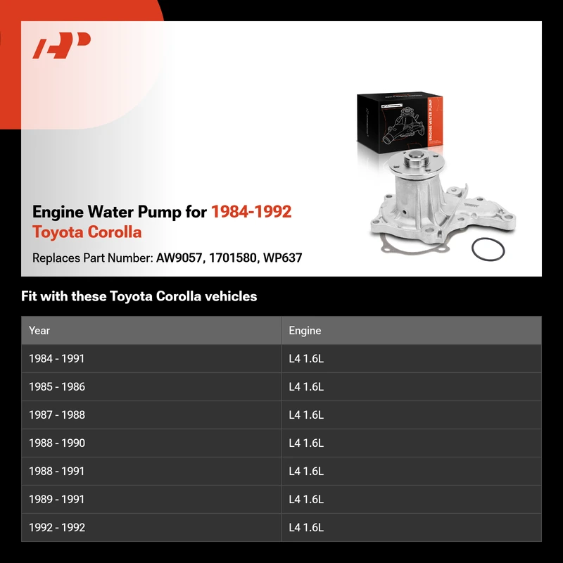 Engine Water Pump for 1984-1992 Toyota Corolla