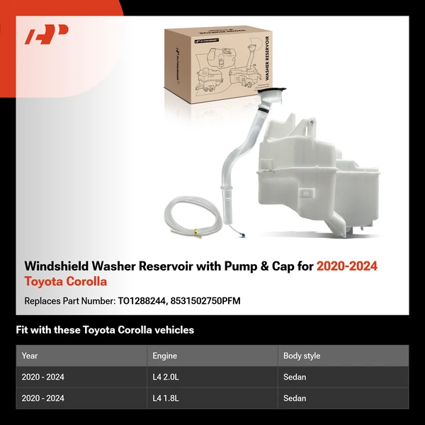 Windshield Washer Reservoir with Pump & Cap for 2020-2024 Toyota Corolla
