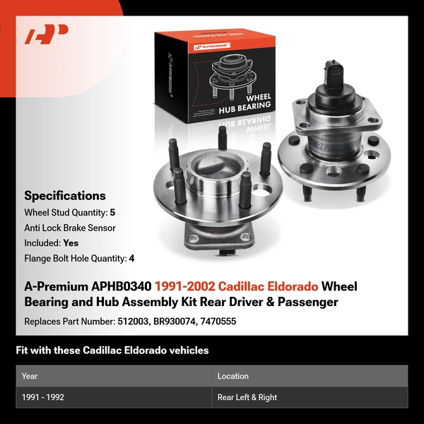 A-Premium APHB0340 1991-2002 Cadillac Eldorado Wheel Bearing and Hub Assembly Kit Rear Driver & Passenger