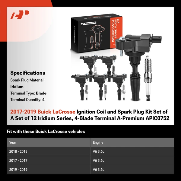 2017-2019 Buick LaCrosse Ignition Coil and Spark Plug Kit Set of A Set of 12 Iridium Series, 4-Blade Terminal A-Premium APIC0752