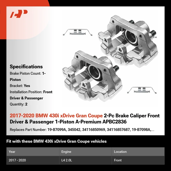 2017-2020 BMW 430i xDrive Gran Coupe 2-Pc Brake Caliper Front Driver & Passenger 1-Piston A-Premium APBC2836