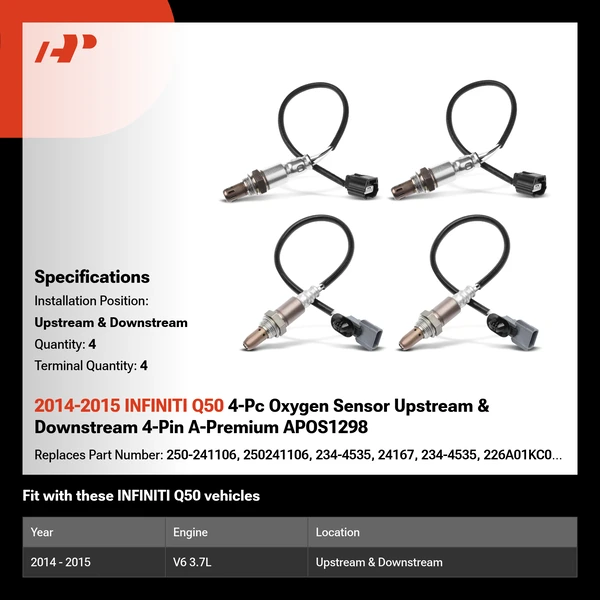 2014-2015 INFINITI Q50 4-Pc Oxygen Sensor Upstream & Downstream 4-Pin A-Premium APOS1298