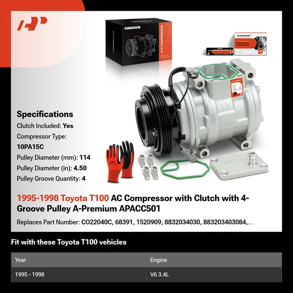 1995-1998 Toyota T100 AC Compressor with Clutch with 4-Groove Pulley A-Premium APACC501