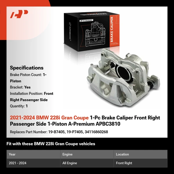 2021-2024 BMW 228i Gran Coupe 1-Pc Brake Caliper Front Right Passenger Side 1-Piston A-Premium APBC3810