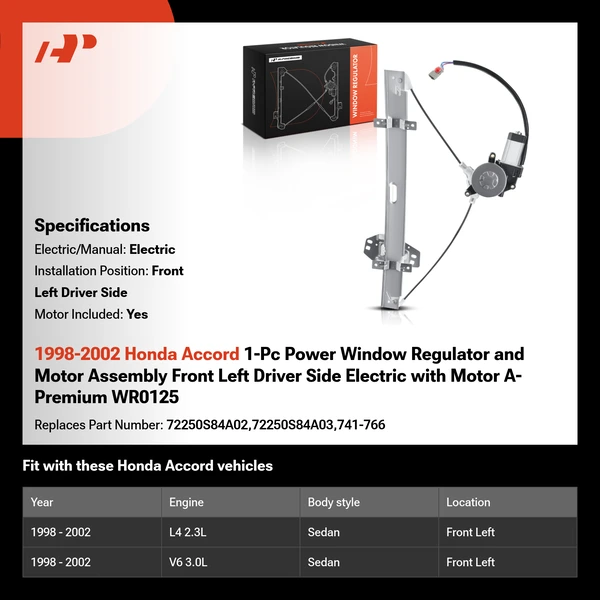 1998-2002 Honda Accord 1-Pc Power Window Regulator and Motor Assembly Front Left Driver Side Electric with Motor A-Premium WR0125