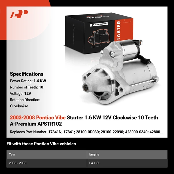 2003-2008 Pontiac Vibe Starter 1.6 KW 12V Clockwise 10 Teeth A-Premium APSTR102