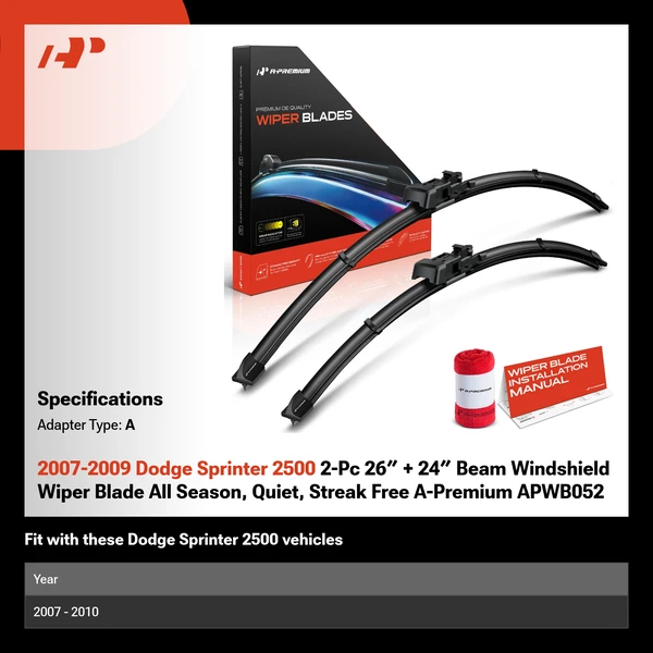 2007-2009 Dodge Sprinter 2500 2-Pc 26″ + 24″ Beam Windshield Wiper Blade All Season, Quiet, Streak Free A-Premium APWB052