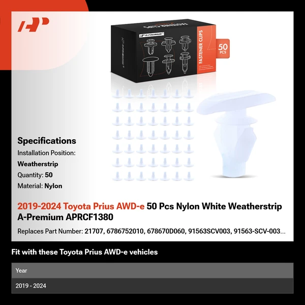 2019-2024 Toyota Prius AWD-e 50 Pcs Nylon White Weatherstrip A-Premium APRCF1380