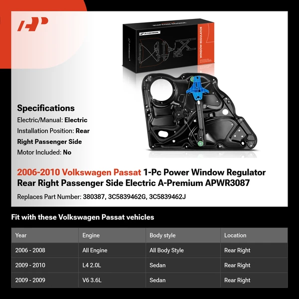 2006-2010 Volkswagen Passat 1-Pc Power Window Regulator Rear Right Passenger Side Electric A-Premium APWR3087