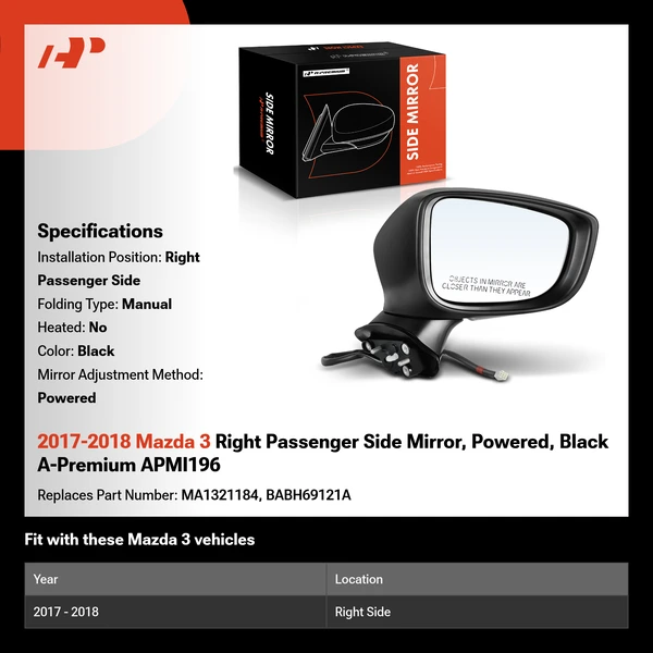 2017-2018 Mazda 3 Right Passenger Side Mirror, Power Adjustmented, Black A-Premium APMI196