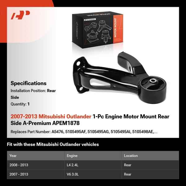 2007-2013 Mitsubishi Outlander 1-Pc Engine Motor Mount Rear A-Premium APEM1878