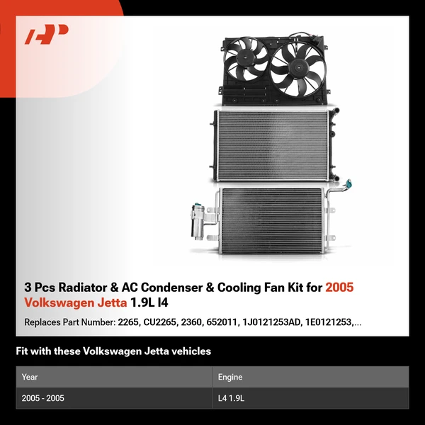 3 Pcs Radiator & AC Condenser & Cooling Fan Kit for 2005 Volkswagen Jetta 1.9L l4