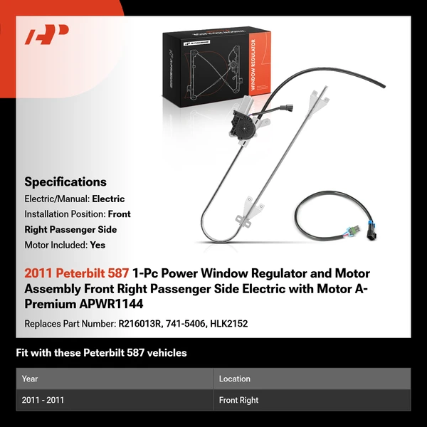 2011 Peterbilt 587 1-Pc Power Window Regulator and Motor Assembly Front Right Passenger Side Electric with Motor A-Premium APWR1144