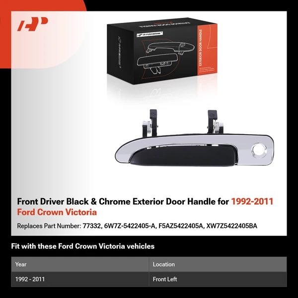 Front Driver Black & Chrome Exterior Door Handle for 1992-2011 Ford Crown Victoria