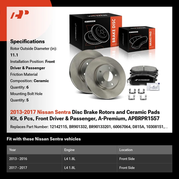 2013-2017 Nissan Sentra Disc Brake Rotors and Ceramic Pads Kit, 6 Pcs, Front Driver & Passenger, A-Premium, APBRPR1557
