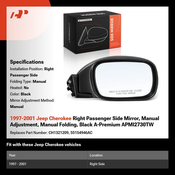 1997-2001 Jeep Cherokee Right Passenger Side Mirror, Manual Adjustment, Manual Folding, Black A-Premium APMI2730TW