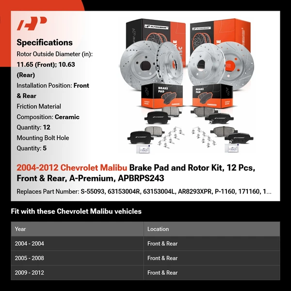 2004-2012 Chevrolet Malibu Brake Pad and Rotor Kit, 12 Pcs, Front & Rear, A-Premium, APBRPS243