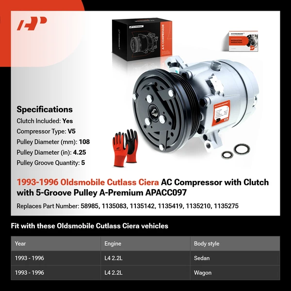 1993-1996 Oldsmobile Cutlass Ciera AC Compressor with Clutch with 5-Groove Pulley A-Premium APACC097