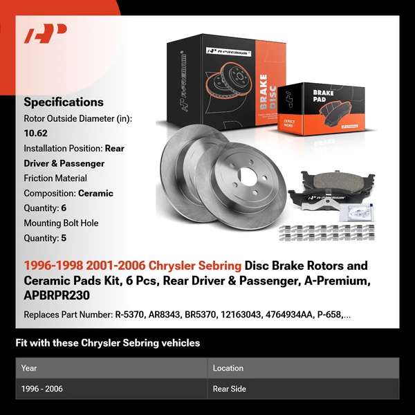 1996-1998 2001-2006 Chrysler Sebring Disc Brake Rotors and Ceramic Pads Kit, 6 Pcs, Rear Driver & Passenger, A-Premium, APBRPR230