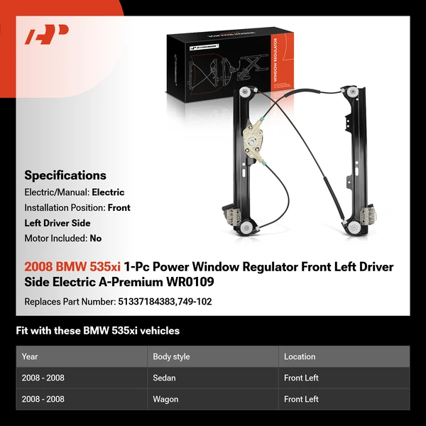 2008 BMW 535xi 1-Pc Power Window Regulator Front Left Driver Side Electric A-Premium WR0109