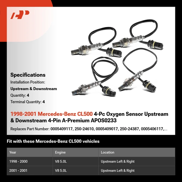 1998-2001 Mercedes-Benz CL500 4-Pc Oxygen Sensor Upstream & Downstream 4-Pin A-Premium APOS0233