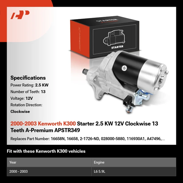 2000-2003 Kenworth K300 Starter 2.5 KW 12V Clockwise 13 Teeth A-Premium APSTR349