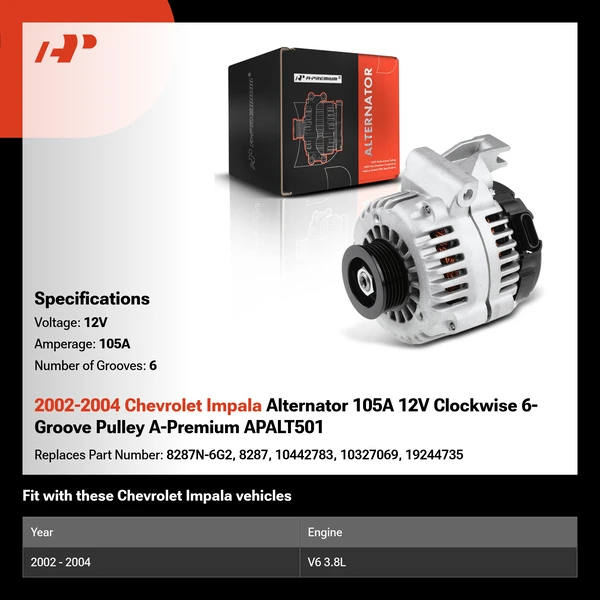 2002-2004 Chevrolet Impala Alternator 105A 12V Clockwise 6-Groove Pulley A-Premium APALT501