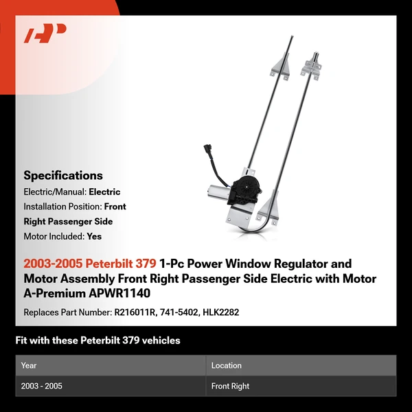 2003-2005 Peterbilt 379 1-Pc Power Window Regulator and Motor Assembly Front Right Passenger Side Electric with Motor A-Premium APWR1140