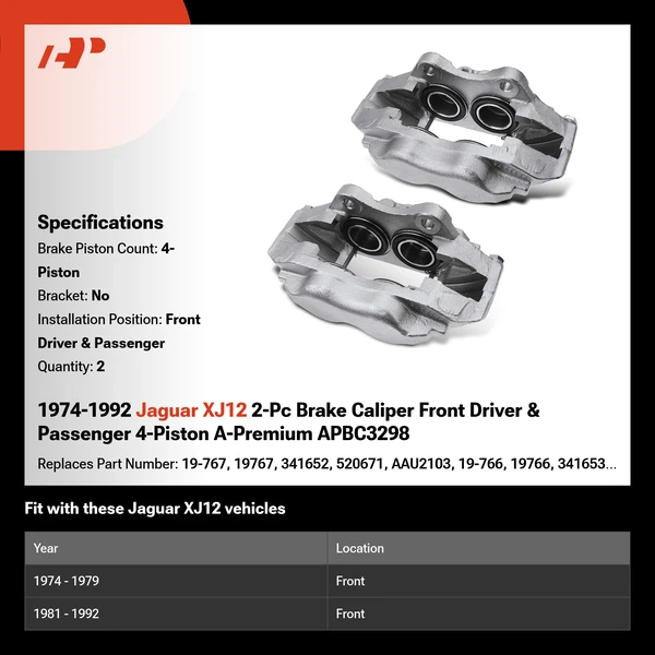 1974-1992 Jaguar XJ12 2-Pc Brake Caliper Front Driver & Passenger 4-Piston A-Premium APBC3298