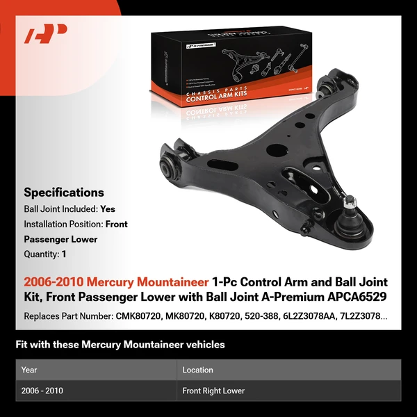 2006-2010 Mercury Mountaineer 1-Pc Control Arm and Ball Joint Kit, Front Passenger Lower with Ball Joint A-Premium APCA6529