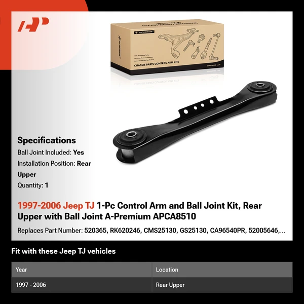 1997-2006 Jeep TJ 1-Pc Control Arm and Ball Joint Kit, Rear Upper with Ball Joint A-Premium APCA8510
