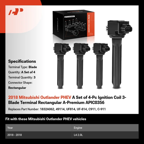 2018 Mitsubishi Outlander PHEV A Set of 4-Pc Ignition Coil 3-Blade Terminal Rectangular A-Premium APIC0356