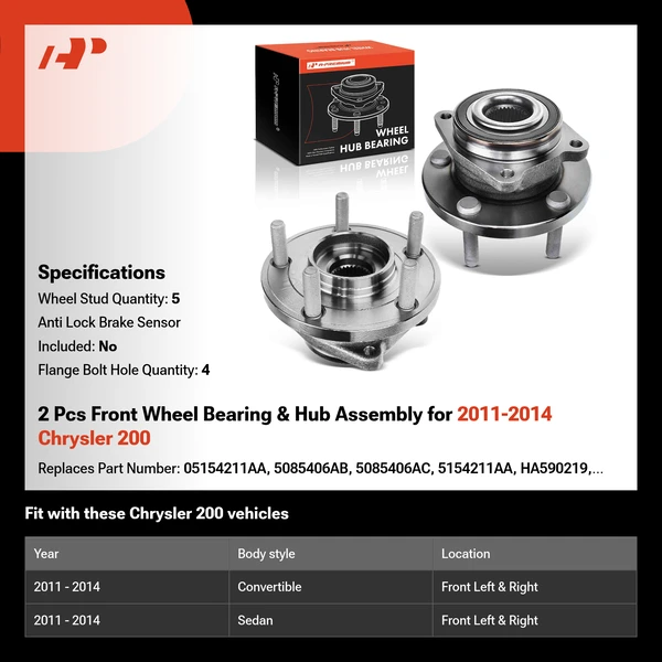 2 Pcs Front Wheel Bearing & Hub Assembly for 2011-2014 Chrysler 200