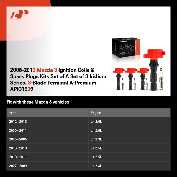2006-2013 Mazda 3 Ignition Coils & Spark Plugs Kits Set of A Set of 8 Iridium Series, 3-Blade Terminal A-Premium APIC1539