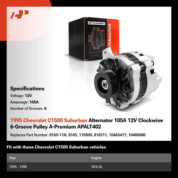 1995 Chevrolet C1500 Suburban Alternator 105A 12V Clockwise 6-Groove Pulley A-Premium APALT402