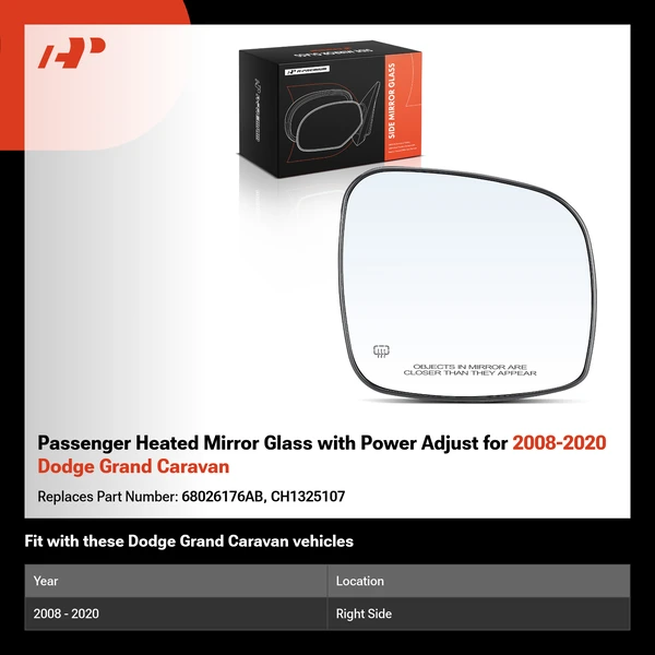 Passenger Heated Mirror Glass with Power Adjust for 2008-2020 Dodge Grand Caravan