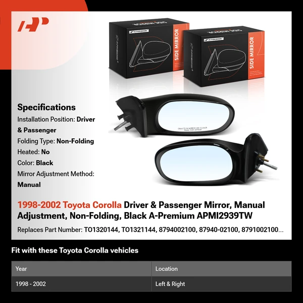 1998-2002 Toyota Corolla Driver & Passenger Mirror, Manual Adjustment, Non-Folding, Black A-Premium APMI2939TW