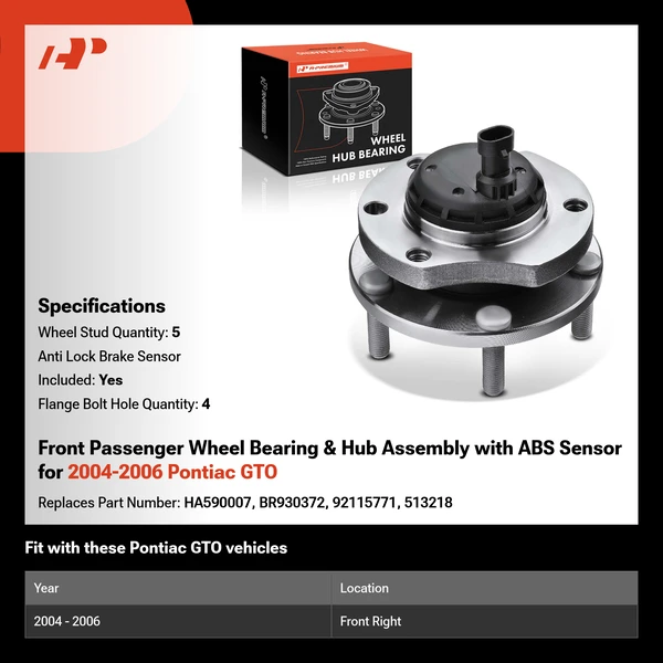 Front Passenger Wheel Bearing & Hub Assembly with ABS Sensor for 2004-2006 Pontiac GTO