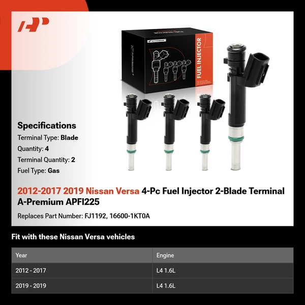 2012-2017 2019 Nissan Versa 4-Pc Fuel Injector 2-Blade Terminal A-Premium APFI225