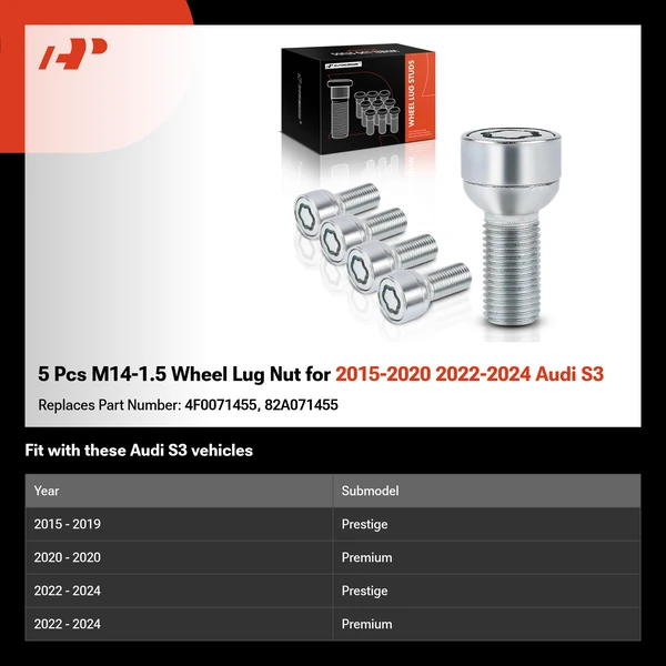 5 Pcs M14-1.5 Wheel Lug Nut for 2015-2020 2022-2024 Audi S3