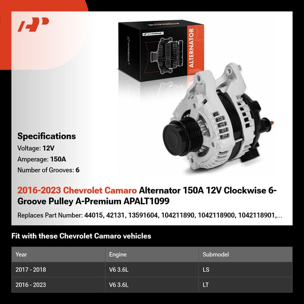 2016-2023 Chevrolet Camaro Alternator 150A 12V Clockwise 6-Groove Pulley A-Premium APALT1099