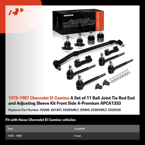1978-1987 Chevrolet El Camino A Set of 11 Ball Joint Tie Rod End and Adjusting Sleeve Kit Front Side A-Premium APCA1333