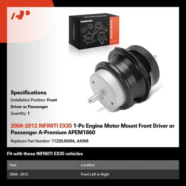 2008-2012 INFINITI EX35 1-Pc Engine Motor Mount Front Driver or Passenger A-Premium APEM1860