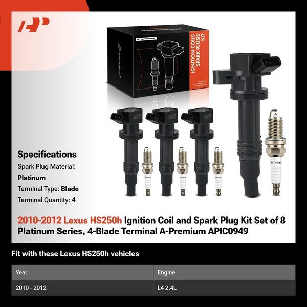 2010-2012 Lexus HS250h Ignition Coil and Spark Plug Kit Set of 8 Platinum Series, 4-Blade Terminal A-Premium APIC0949