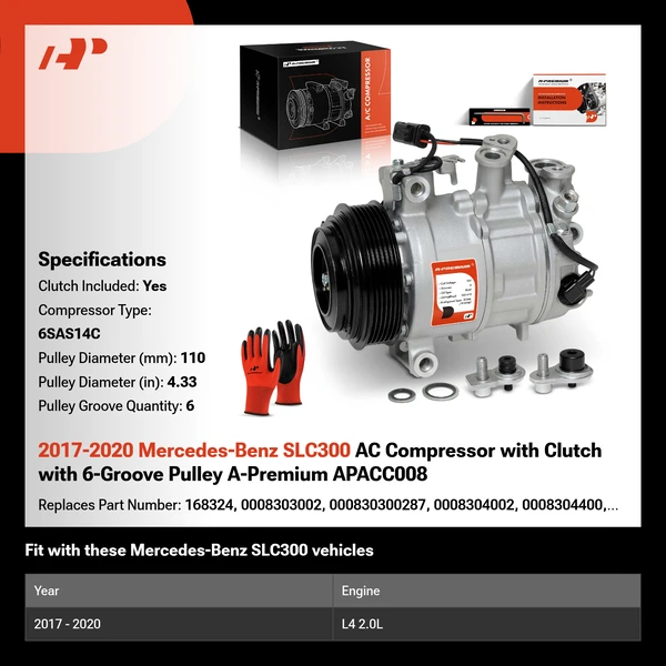 2017-2020 Mercedes-Benz SLC300 AC Compressor with Clutch with 6-Groove Pulley A-Premium APACC008