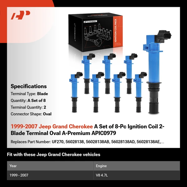 1999-2007 Jeep Grand Cherokee A Set of 8-Pc Ignition Coil 2-Blade Terminal Oval A-Premium APIC0979