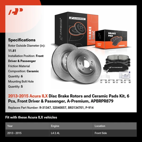 2013-2015 Acura ILX Disc Brake Rotors and Ceramic Pads Kit, 6 Pcs, Front Driver & Passenger, A-Premium, APBRPR879