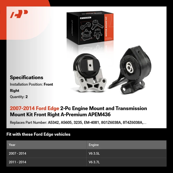 2007-2014 Ford Edge 2-Pc Engine Mount and Transmission Mount Kit Front Right A-Premium APEM436