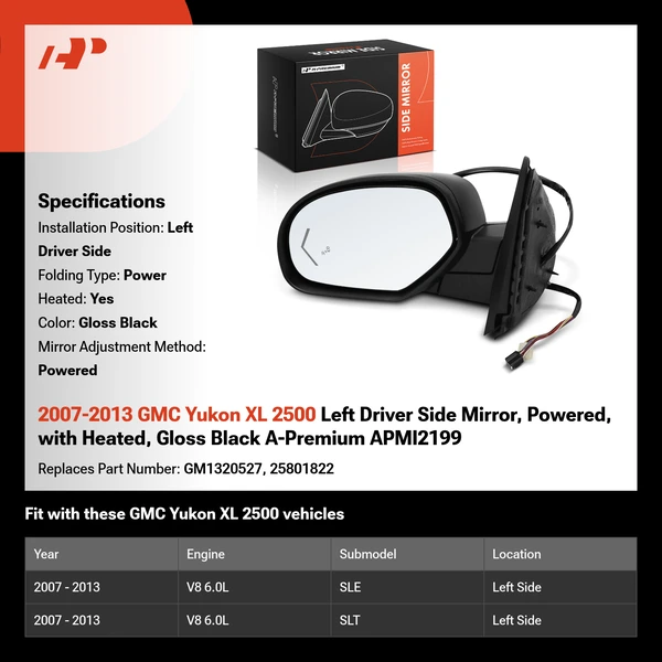 2007-2013 GMC Yukon XL 2500 Left Driver Side Mirror, with Heating, Power Adjustment, Power Folding, Gloss Black A-Premium APMI2199