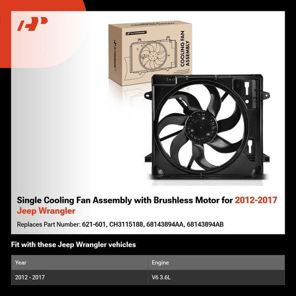 Single Cooling Fan Assembly with Brushless Motor for 2012-2017 Jeep Wrangler